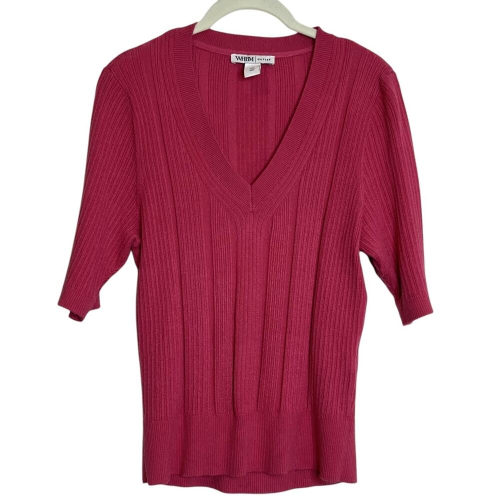 WHBM Outlet Womens Ribbed Sweater Top Small Pink V-Neck Elbow Sleeve